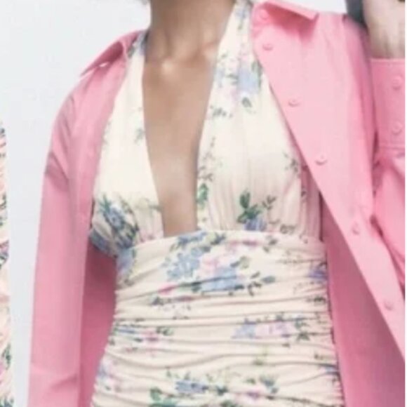 Zara pastel pink floral flower ruched halter top bodycon mini dress Sz XS - Picture 7 of 7